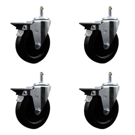 Service Caster 5'' Hard Rubber Wheel Swivel 7/16'' Grip Ring Stem Caster Set with Brake, 4PK SCC-GR20S514-HRS-PLB-716138-4